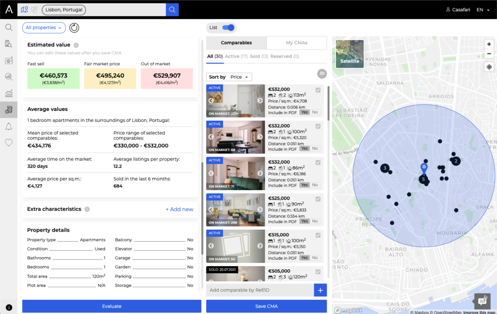 Comparative Market Analysis in CASAFARI's market analysis tool