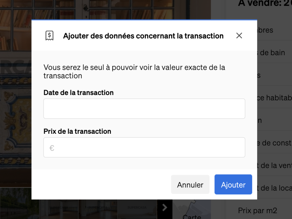 Deuxième étape de l'ajout de données transactionnelles à un bien immobilier