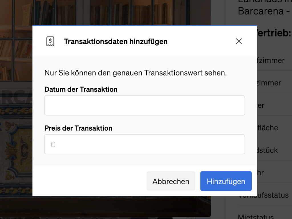 Zweiter Schritt des Hinzufügens von Transaktionsdaten zu einer Eigenschaft