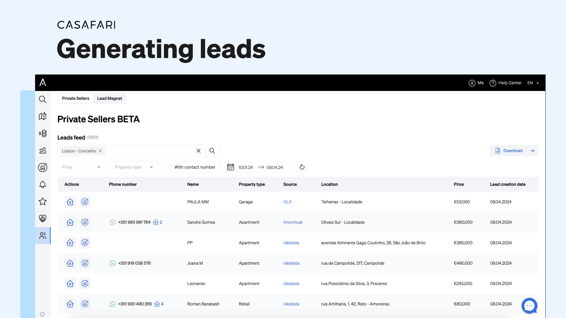 CASAFARI's tools to generate leads