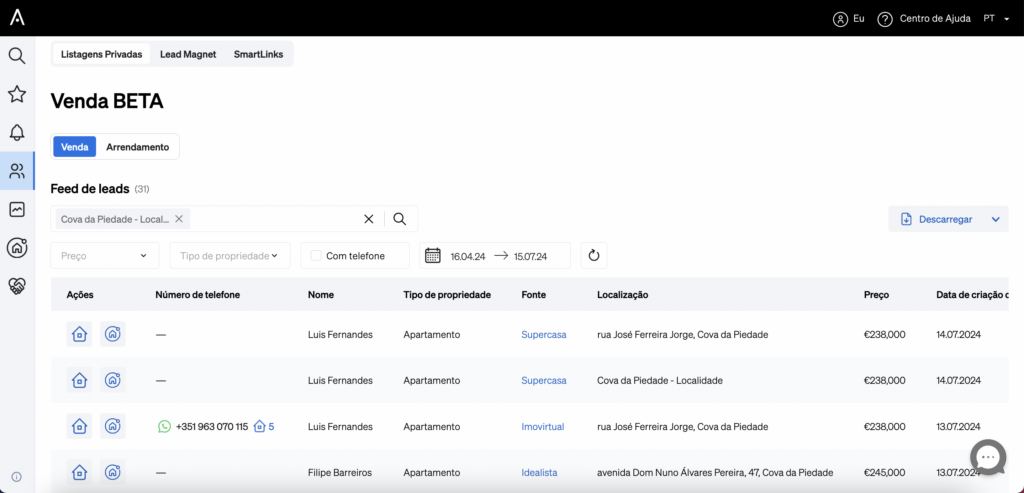 CASAFARI Lead Flow a mostrar as propriedades que estão à venda no mercado por vendedores particulares