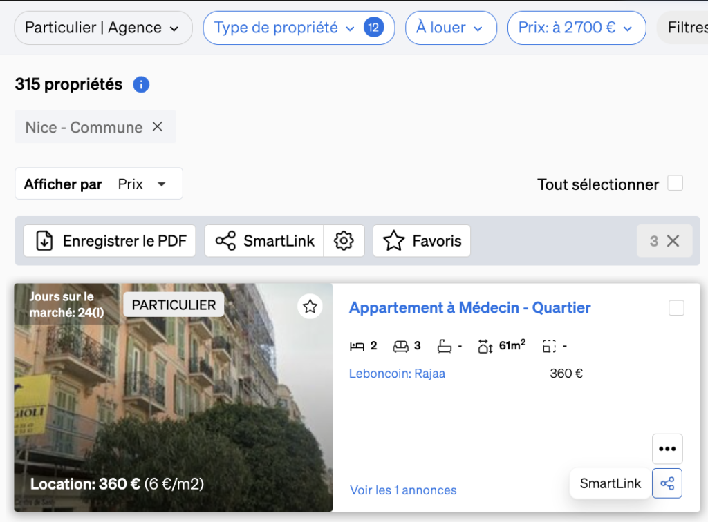 Bouton dans la recherche de biens immobiliers pour créer un SmartLink instantané