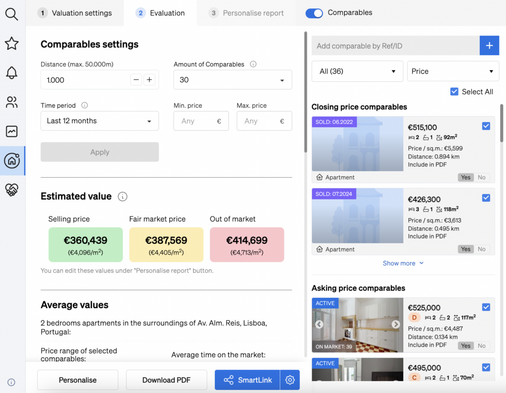 Finding comparable properties and running a property valuation inside CASAFARI, based on the location and characteristics of a property