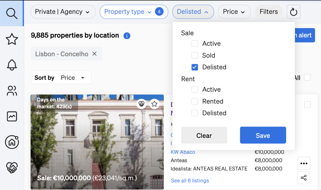 delisted properties inside the Property Sourcing of CASAFARI, an useful piece of information for estate agents to see what has been selling  similar to their portfolio