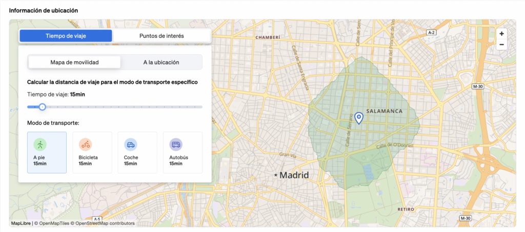 Información sobre la ubicación que muestra los servicios en las proximidades de una propiedad y los tiempos de desplazamiento con diferentes medios de transporte