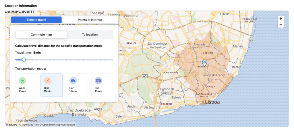 Location information showing the amenities in the vicinities of a property and commute times with different means of transportation