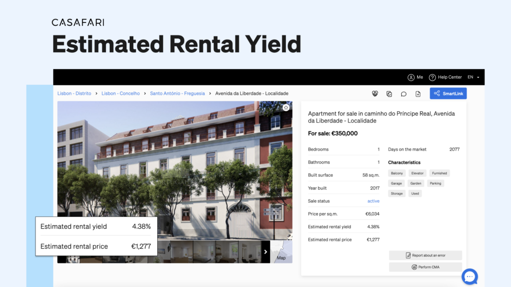 Estimated rental yield filter and rental yields inside CASAFARI