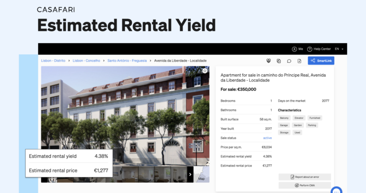 Estimated rental yield filter and rental yields inside CASAFARI