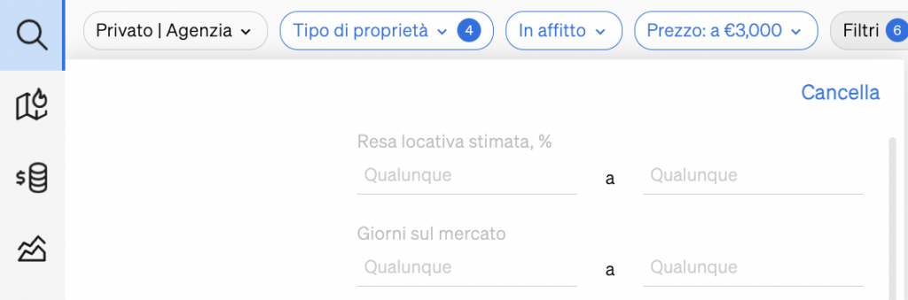 Filtro di resa locativa all'interno della Ricerca di Immobili di CASAFARI