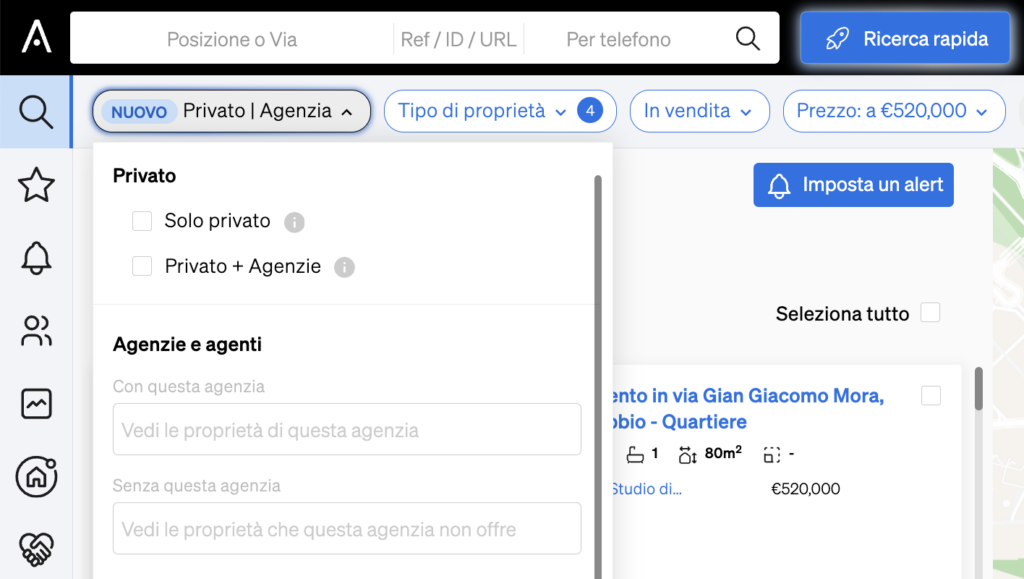 Filtrare per le proprietà di una specifica agenzia all'interno della Ricerca di Immobili di CASAFARI