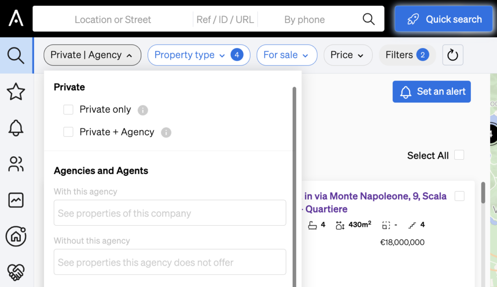 Filtering by properties of a specific agency inside CASAFARI Property Sourcing