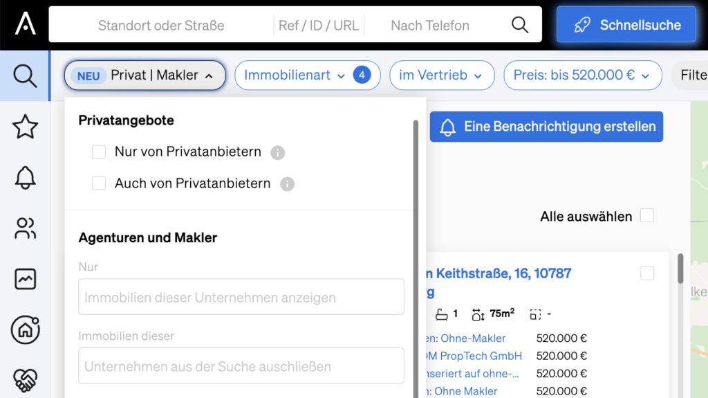 Immobiliensuche nur Immobilien dieser Unternehmen anzeigen