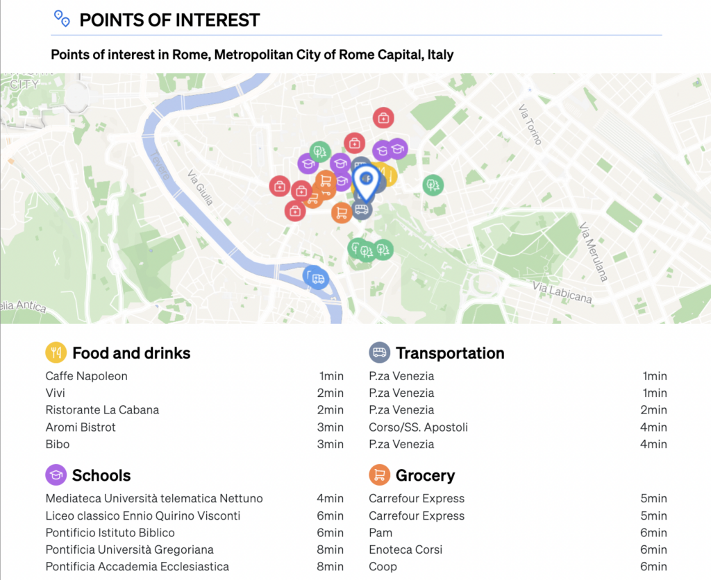 Points of interest in the surrounding areas of a property inside CASAFARI's CMA report