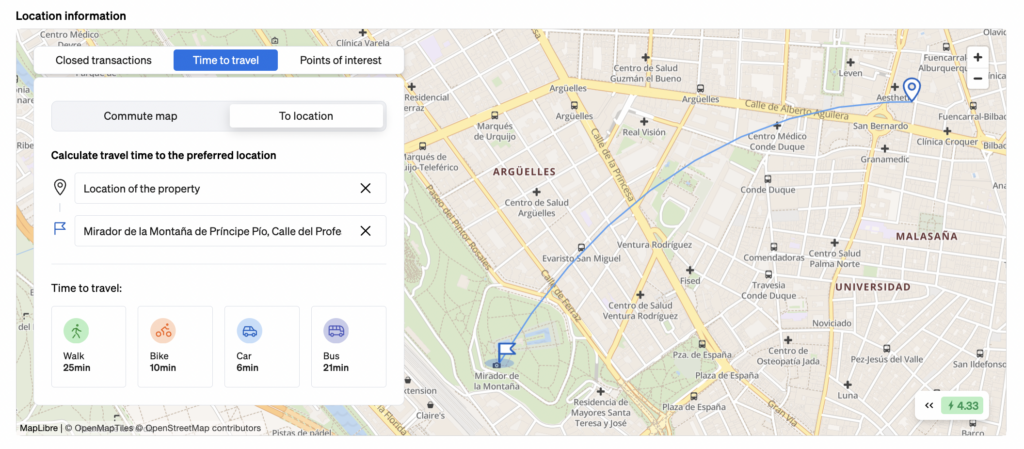 Find out the commute times to different parts of the city, using different means of transport.