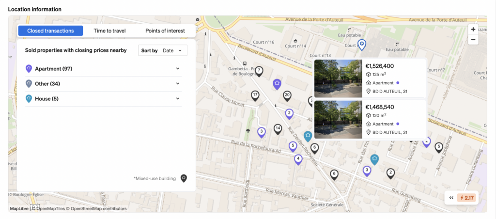 Location intelligence widget provided by CASAFARI for real estate businesses to add to their property listings