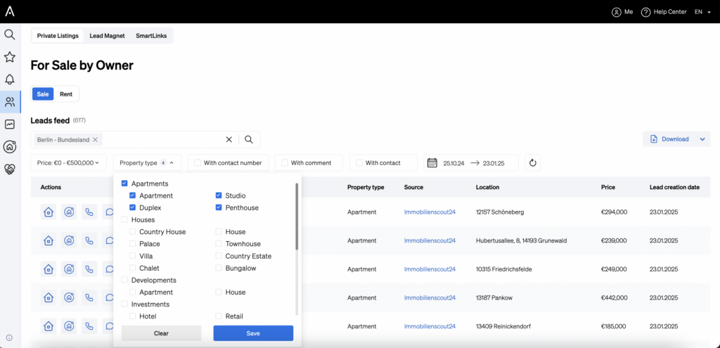 Filtering per property type inside CASAFARI's Lead Flow