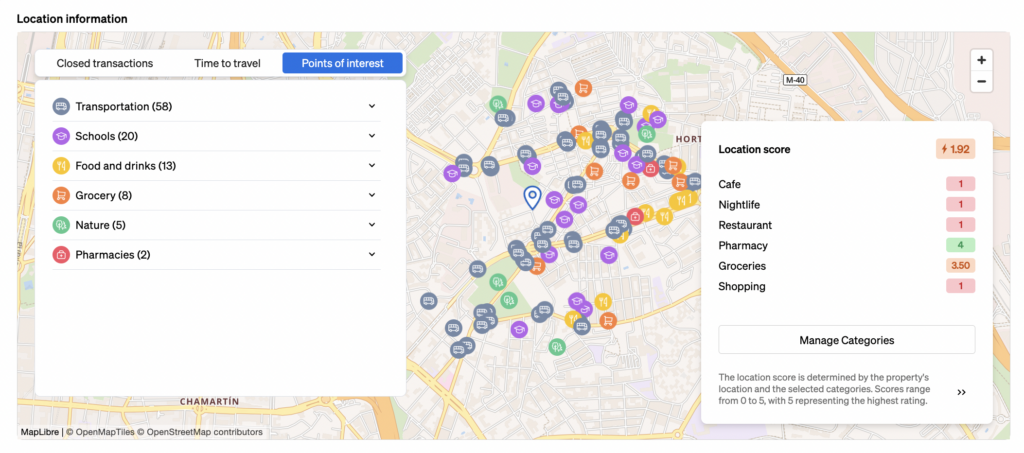 Points of interest in the vicinities shown inside CASAFARI's Location Information Widget