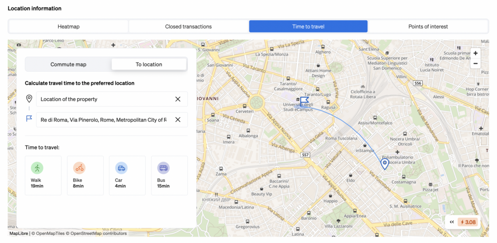 Find out the commute times to different parts of the city, using different means of transport.