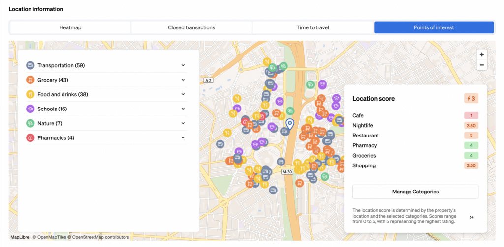 Points of interest in the vicinities shown inside CASAFARI's Location Information Widget