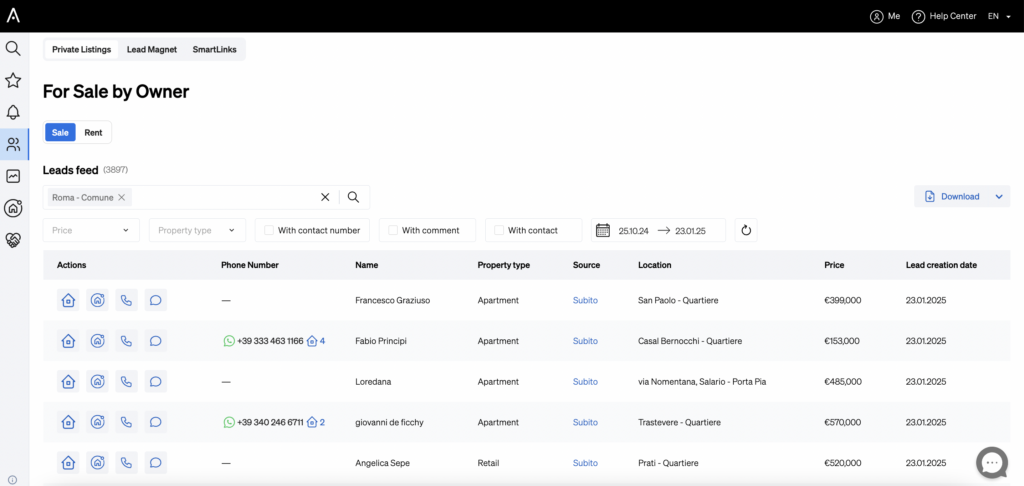 The leads feed of Private Listings inside Lead Flow