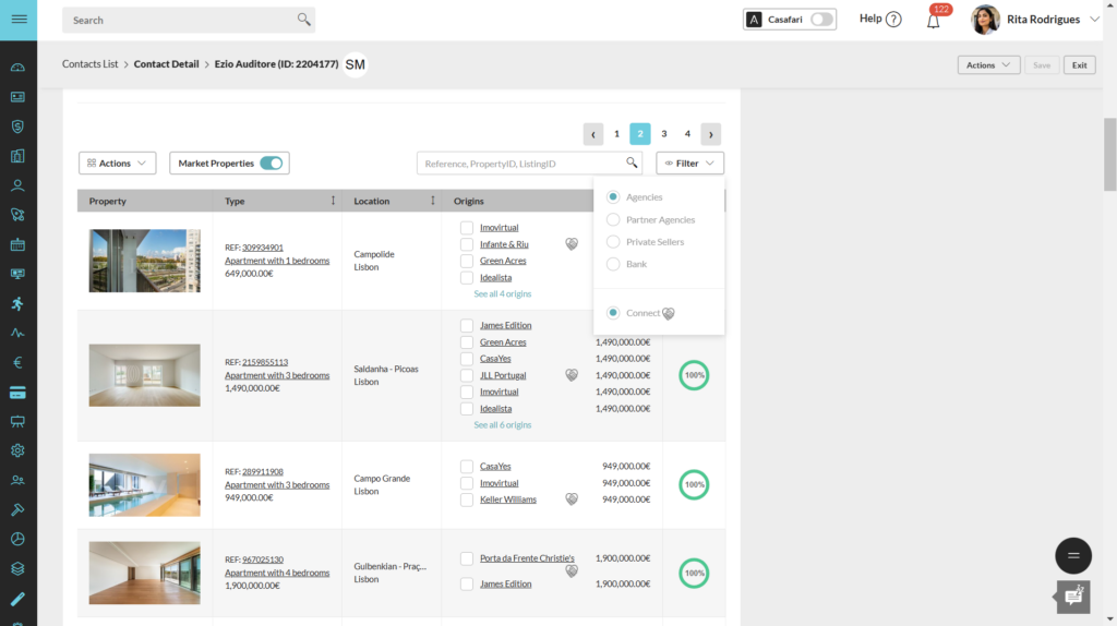 CASAFARI Connect filter inside the CRM, for estate agents to find properties available for commission sharing