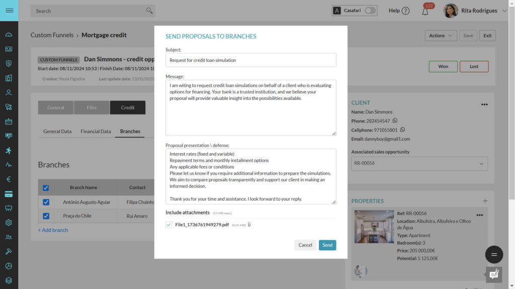 Estate agent sending the request of mortgage for a client inside CASAFARI CRM
